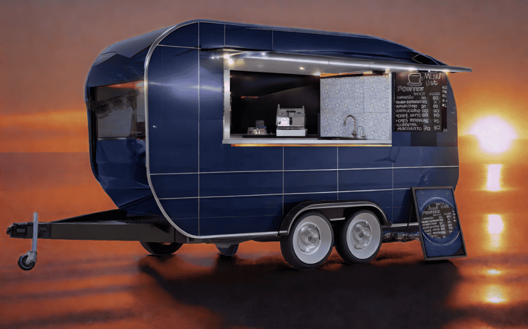 A sleek, dark blue food truck with a serving window is parked on a reflective surface at sunset. A menu is displayed on the side and a small sign stands on the ground nearby.