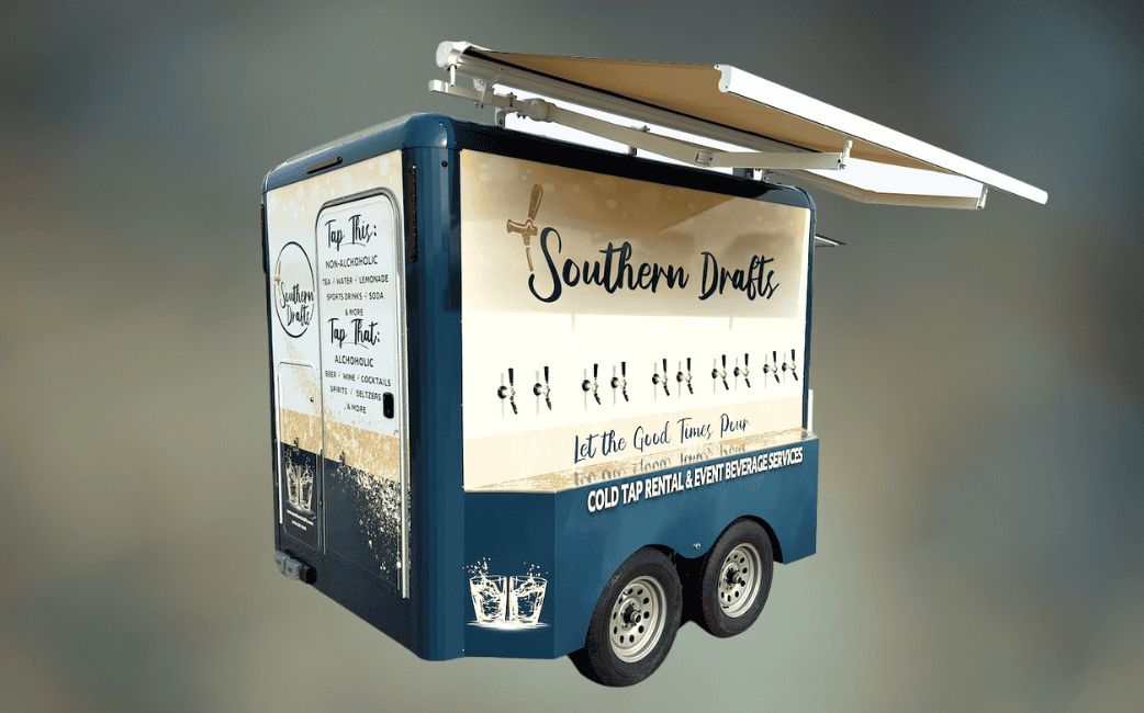 Draft and self-pour beverage trailer designed for mobile bar and beverage businesses in the USA
