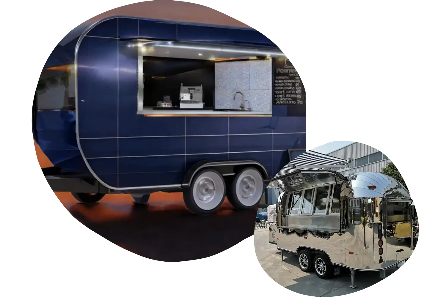 Vibrant blue portable food cart with serving window for street food.